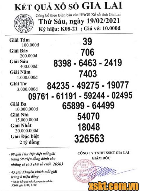 Xổ số Gia Lai ngày 19/2/2021: Kết quả chi tiết và giải thưởng